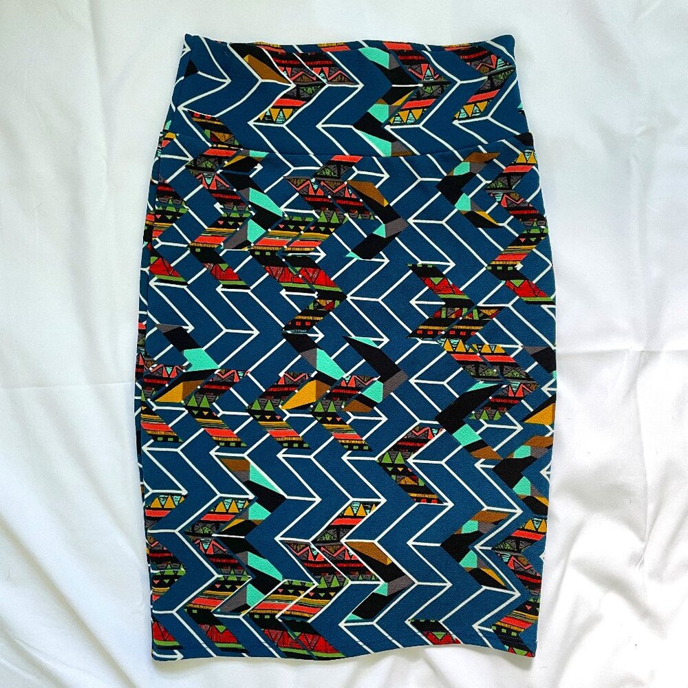 LuLaRoe Cassie Skirt Pull on Straight Pencil Stretch African style Print XS blue